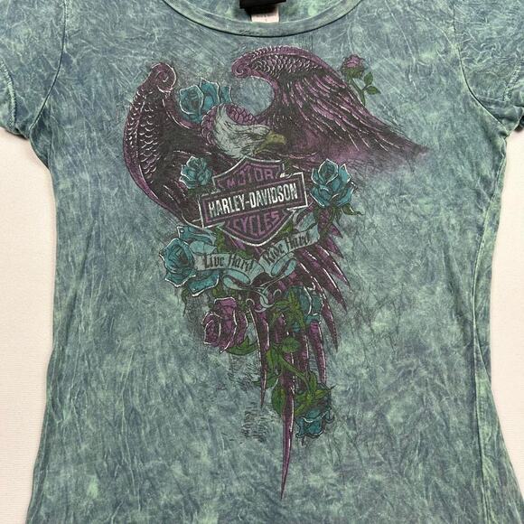 Y2K Harley Davidson Green Acid Wash Tee - Picture 2 of 7